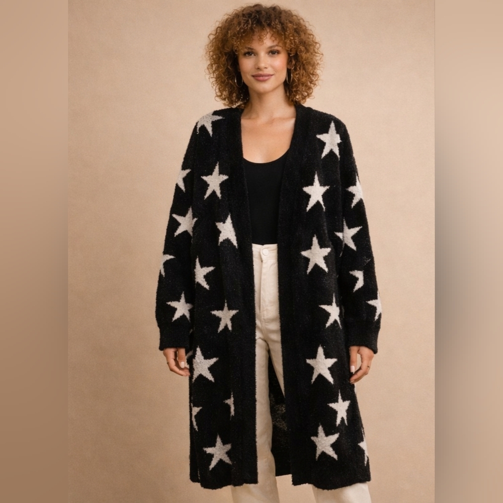 POL Black Star Print Super Soft Duster Cardigan | Oversized Cozy Open Front NWOT